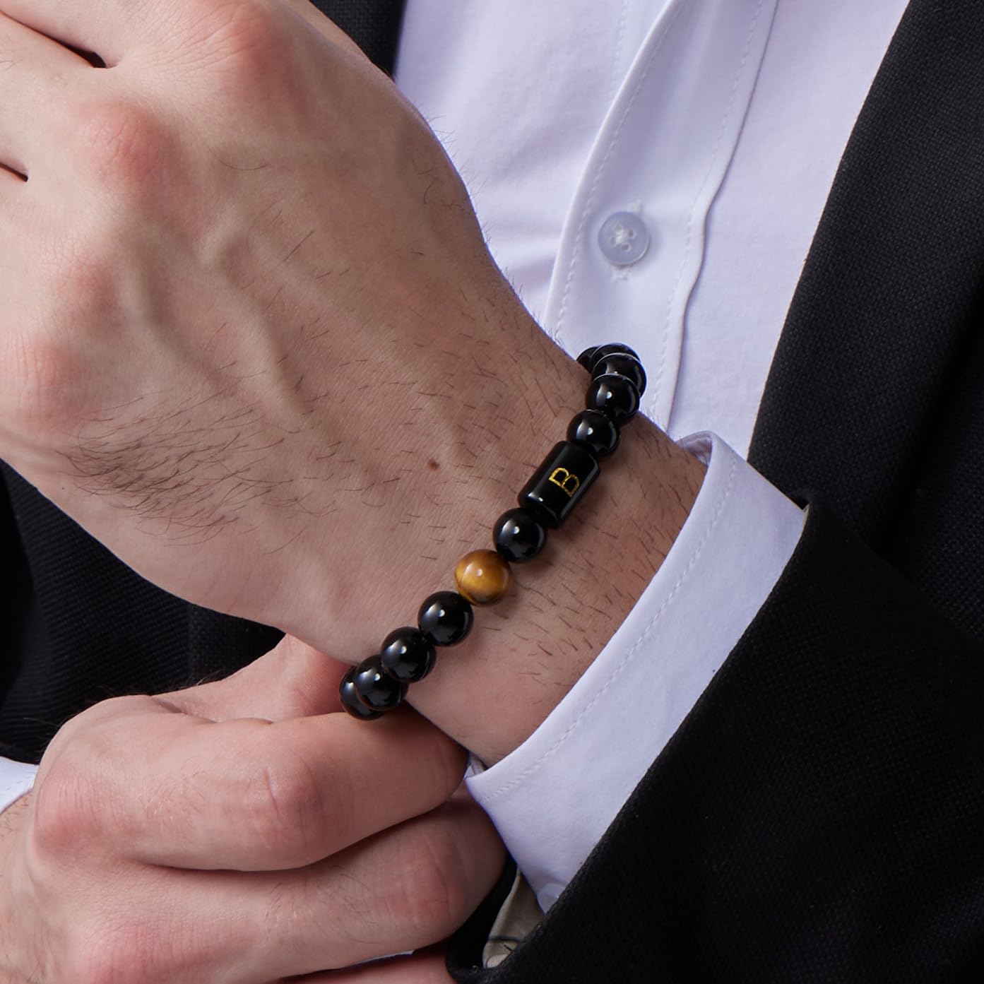 FRG Initials Bracelets Gifts for Men Letter Link Handmade Natural Black Onyx Tiger Eye Stone Beads Braided Rope Meaningful Bracelet Gifts for Son Grandson Husband Boyfriend Brother