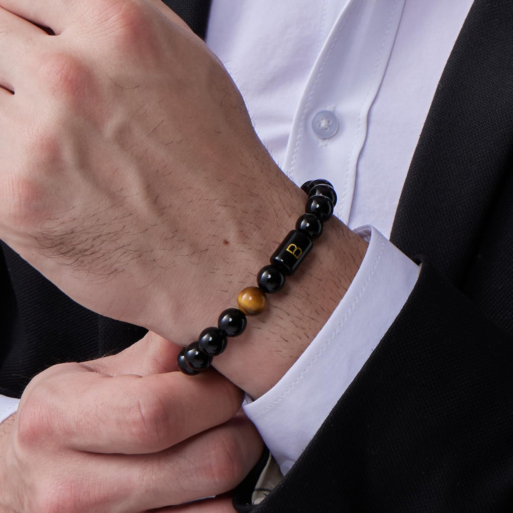 FRG Initials Bracelets Gifts for Men Letter Link Handmade Natural Black Onyx Tiger Eye Stone Beads Braided Rope Meaningful Bracelet Gifts for Son Grandson Husband Boyfriend Brother