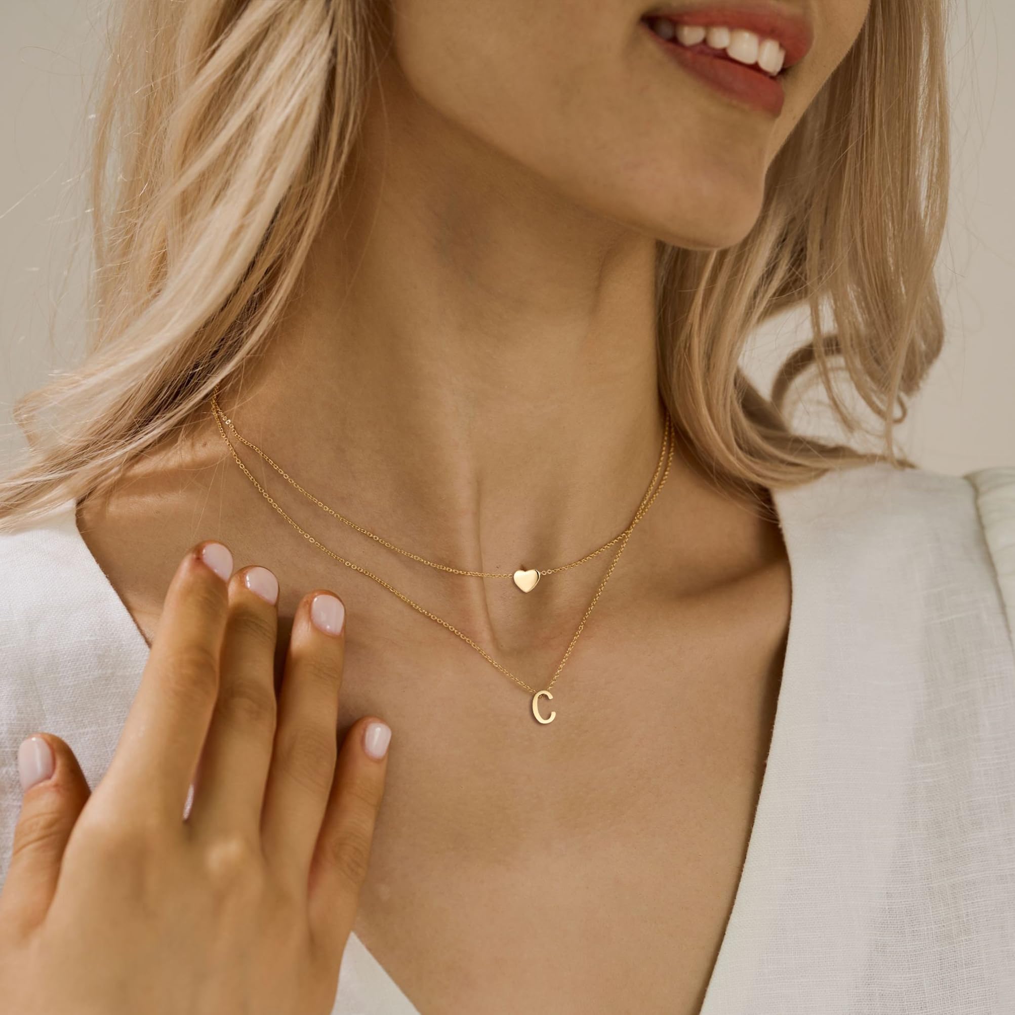 MOMOL 18K Gold Plated Stainless Steel Layered Heart Initial Necklace Personalized Tiny Letter R Choker Necklace Monogram Name Necklace for Women