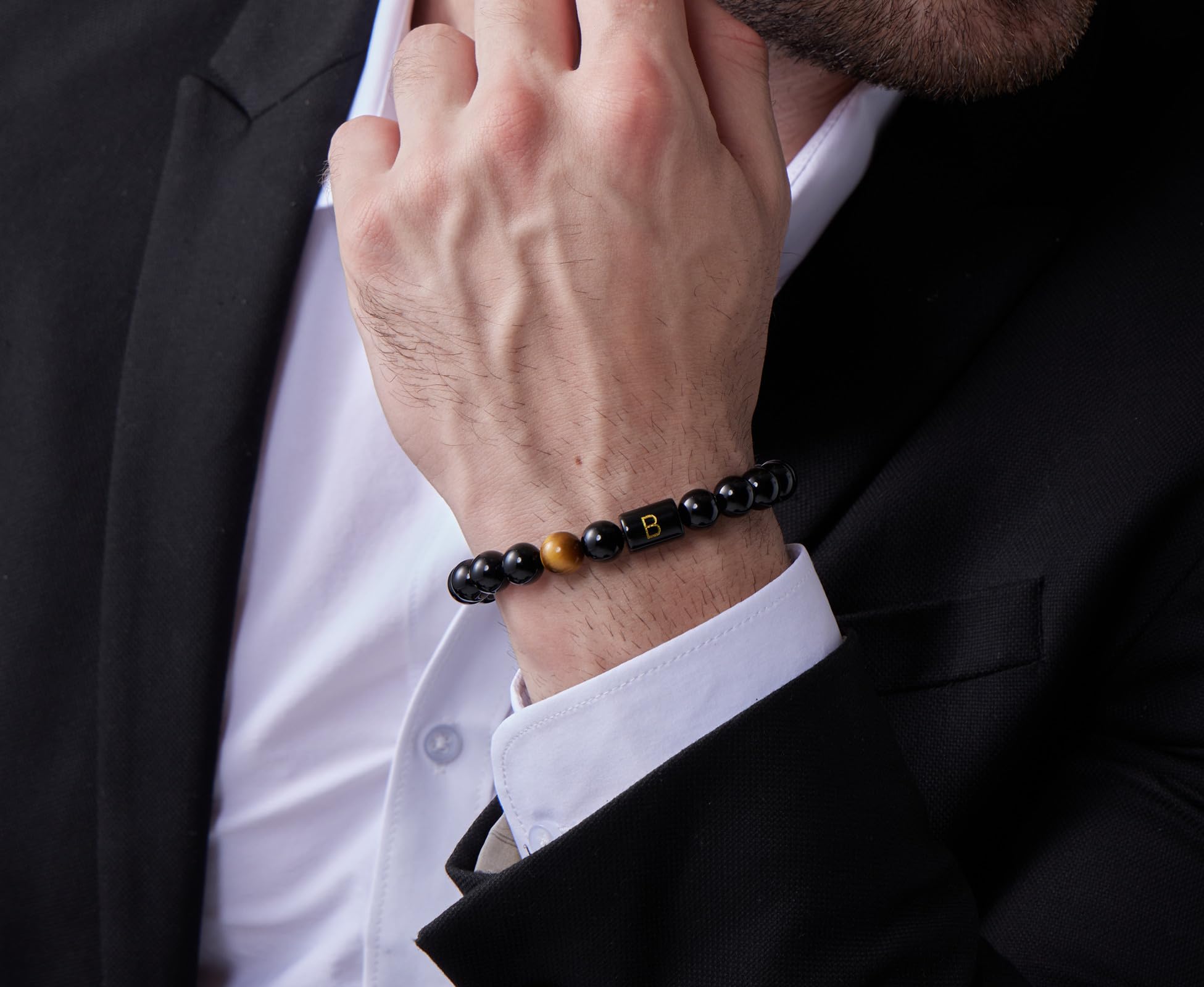 FRG Initials Bracelets Gifts for Men Letter Link Handmade Natural Black Onyx Tiger Eye Stone Beads Braided Rope Meaningful Bracelet Gifts for Son Grandson Husband Boyfriend Brother
