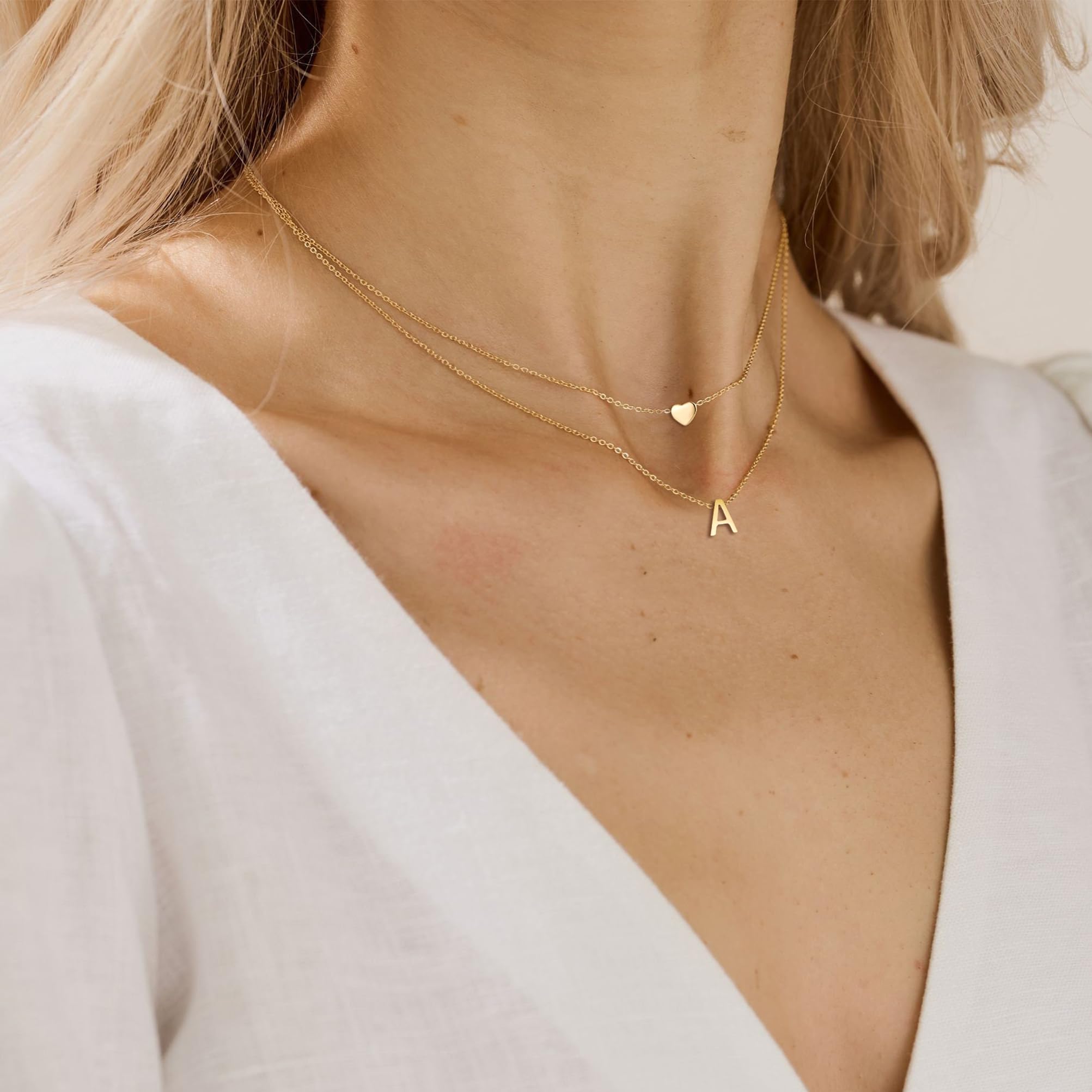 MOMOL 18K Gold Plated Stainless Steel Layered Heart Initial Necklace Personalized Tiny Letter R Choker Necklace Monogram Name Necklace for Women